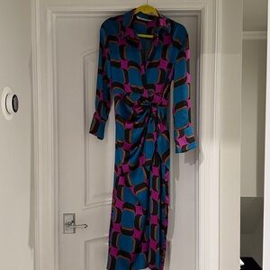 Zara Colorful Geometric Print Wrap Midi Dress Purple & Blue Medium